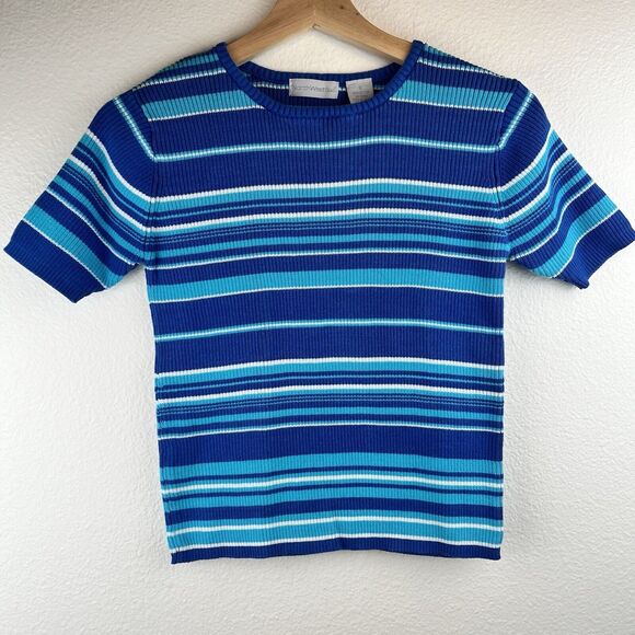 NW Blue Midi Stripe 90's Crop Butterfly Top in Blue Turquoise Knit Stripes Small - Picture 1 of 9